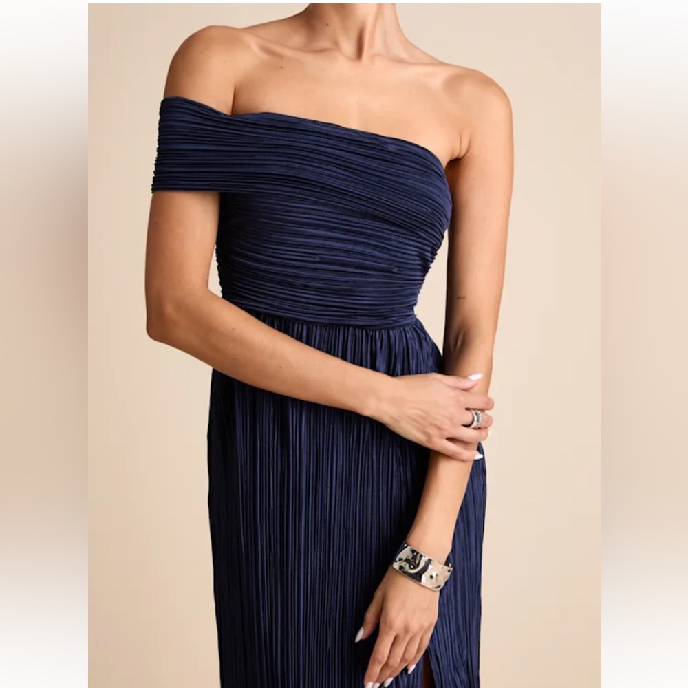 Lulus Poised Performance Navy Plisse One-shoulder Maxi Dress Blue - Size M